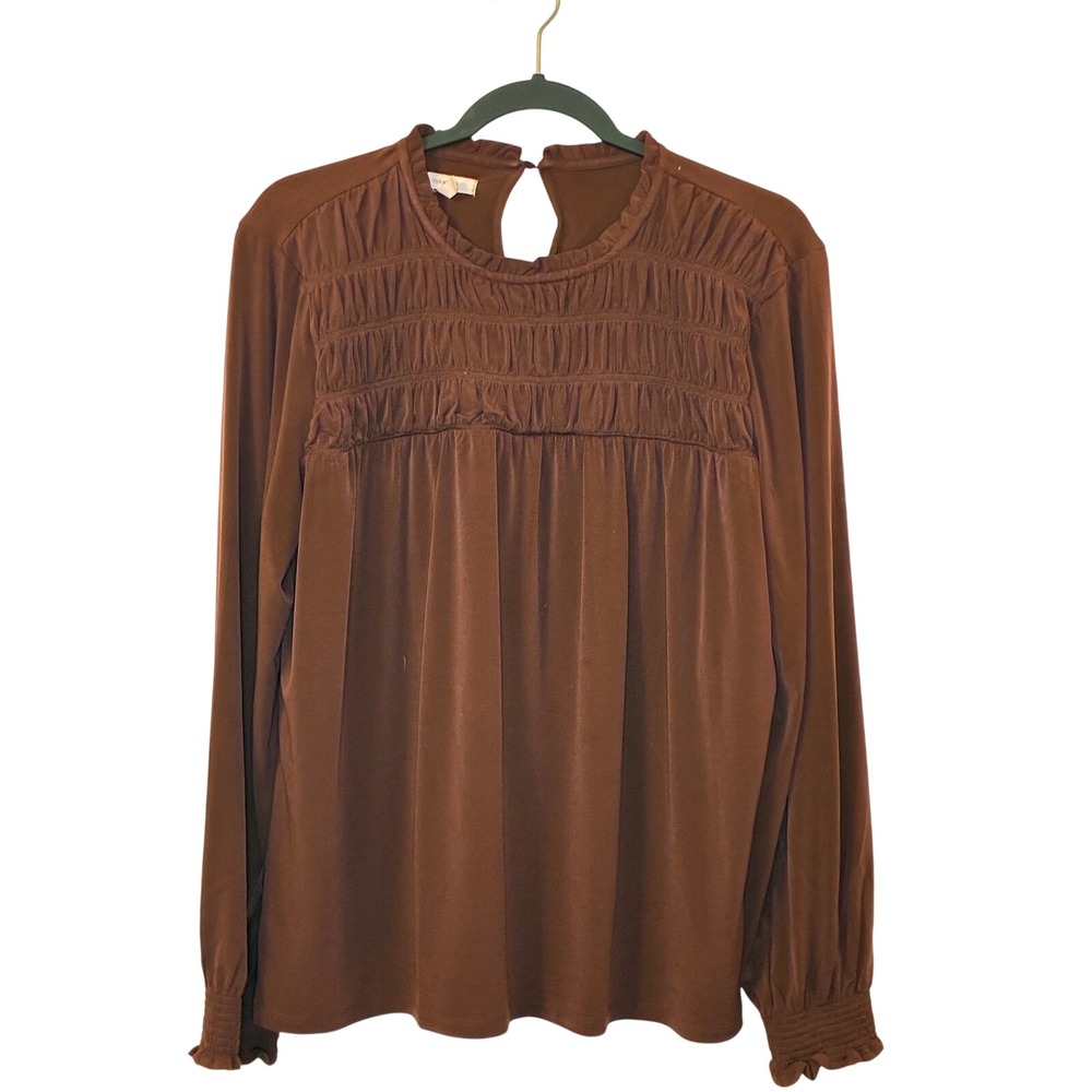 Maurices Burgundy Smocked Bodice High Neck Long Sleeve Blouse Large